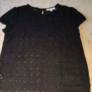 Loft NWOT L black top, embroidered black flowers.